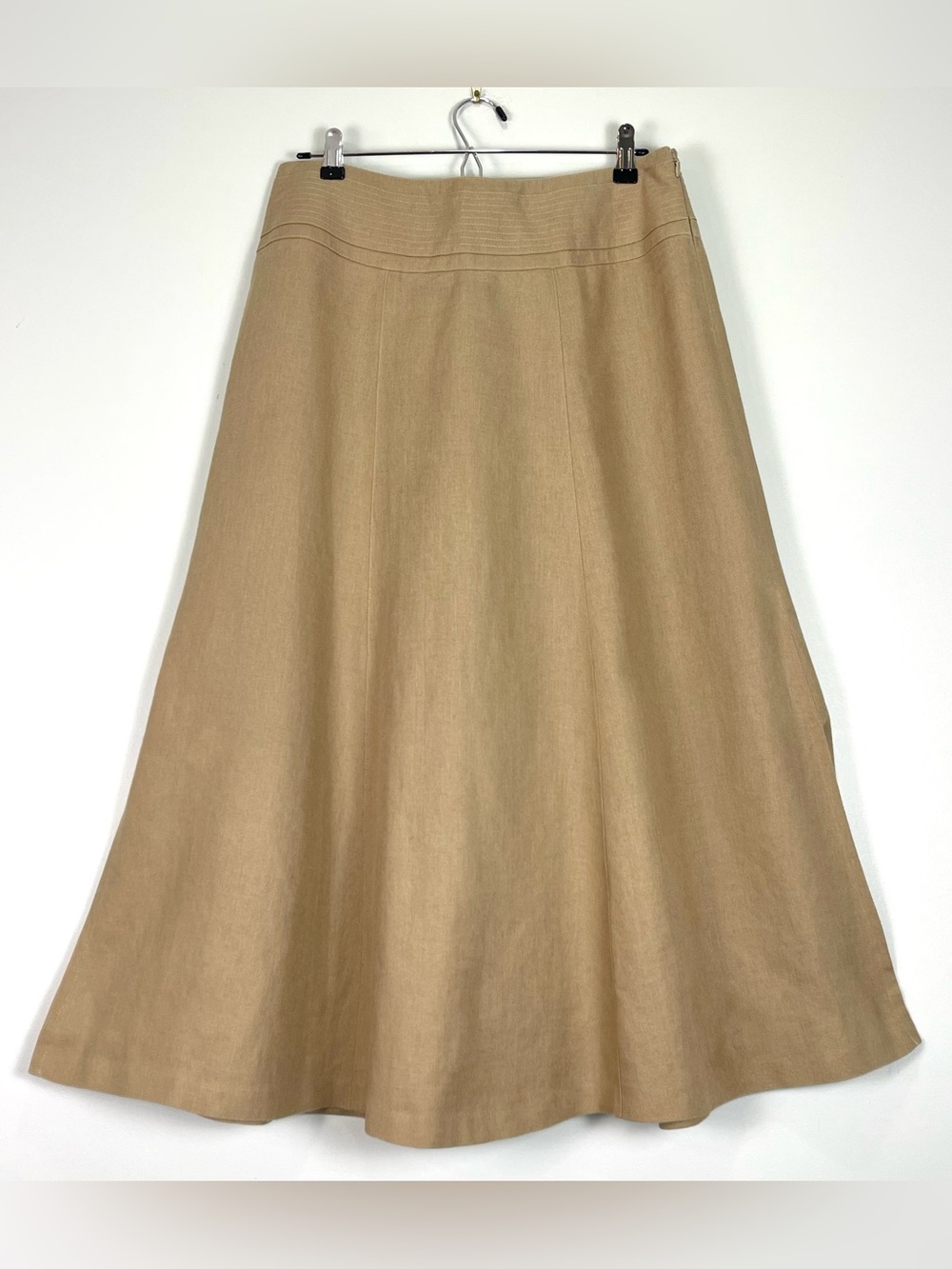 TALBOTS 100% Irish Linen Midi A-Line Tan Skirt Lined Minimalist Size 10